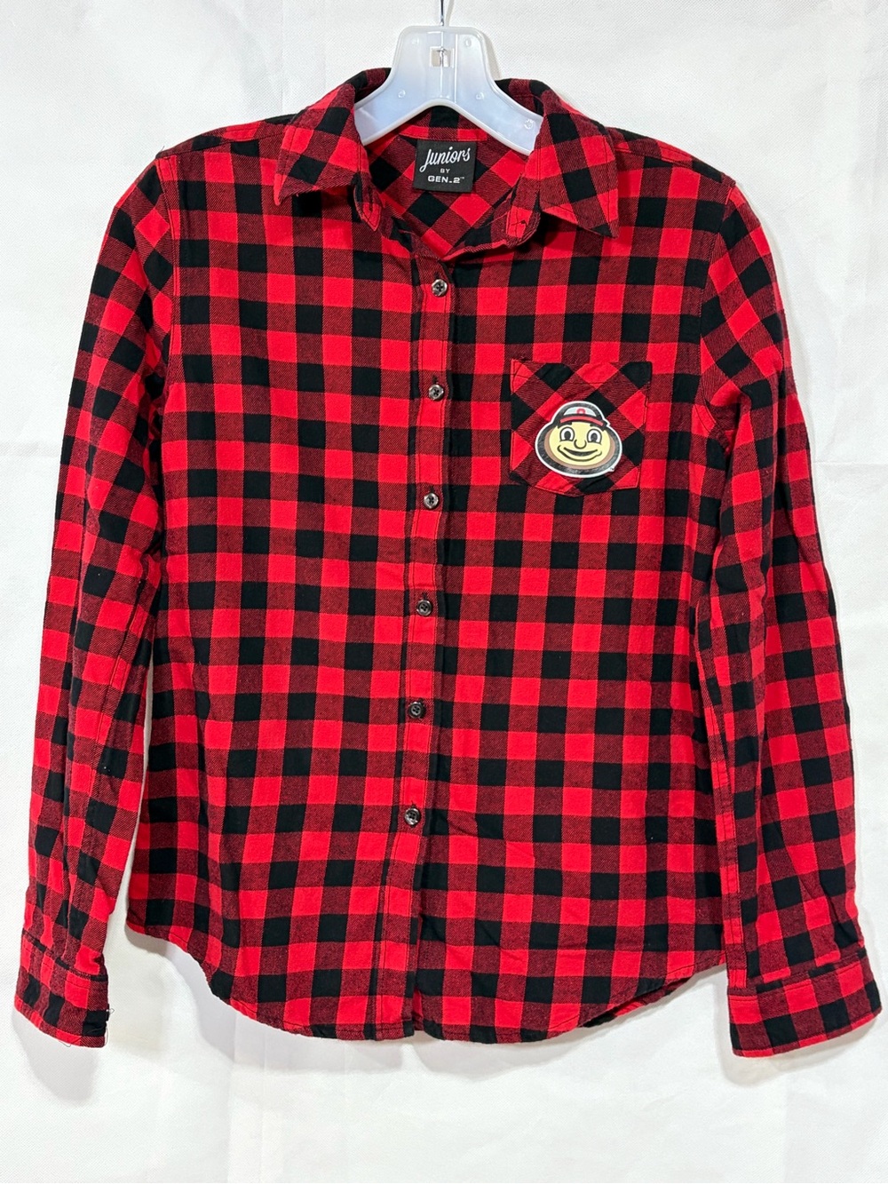 Ohio State Red & Black Plaid Button-Up Shirt with Patch